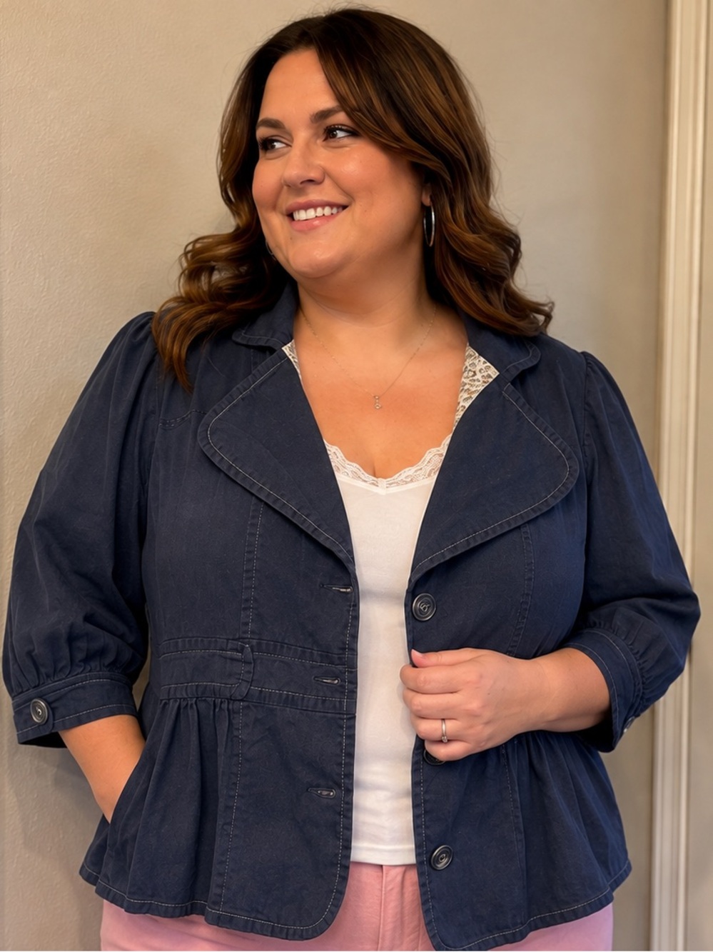 Cato Navy Peplum Blazer with Button Front